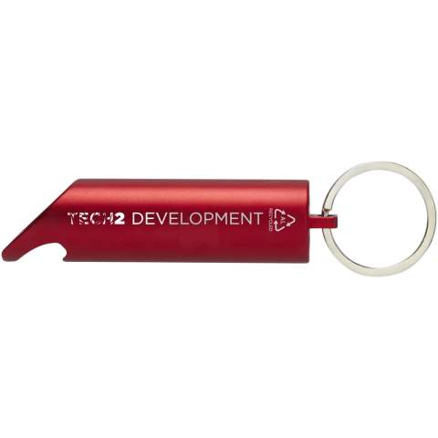 Bright LED keylight with bottle opener, power on/off button and a split iron keyring. It is made of lightweight and strong 63% RCS certified recycled aluminium. The Recycled Claim Standard (RCS) verifies the recycled content of a product throughout the entire supply chain. Available in a variety of striking colours with a metallic finish, making a printed logo stand out nicely. Comes with three LR44 batteries.