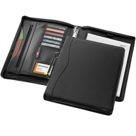 Portfolio with handle, zipper closure, ring binder, zipper pocket and document compartments. Includes 20 pages lined notepad. Pen and accessoires not included.