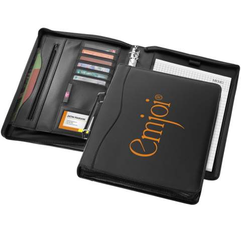 Portfolio with handle, zipper closure, ring binder, zipper pocket and document compartments. Includes 20 pages lined notepad. Pen and accessoires not included.