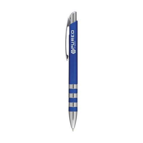 Blue ink ballpoint pen with metallic look barrel, metal clip, push button and shiny barrel rings.