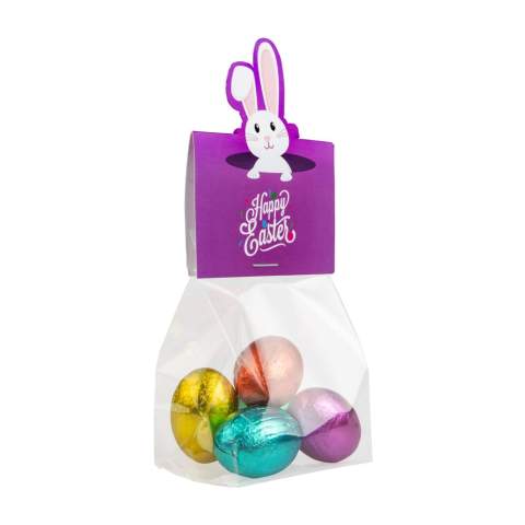 Small transparant bag with full colour printed header card in own shape, filled with 5 chocolade Easter eggs.