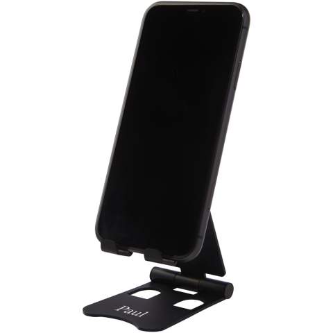 Foldable phone stand made of aluminium. Both the height and viewing angle can be adjusted, making this the perfect accessory for conference calls, broadcasts, live streaming, or simply to watch a movie. The bottom has anti-slip material to prevent it from moving. Delivered in a premium kraft paper box with a colourful sticker.