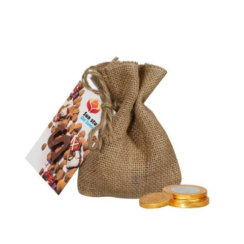 Jute bag filled with approx. 50 grams of Chocolate Coins and provided with a full color double-sided printed card