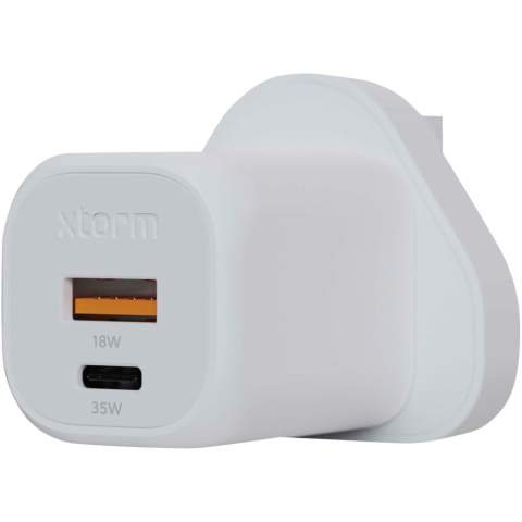 The 35W GaN² Ultra wall charger with UK plug is designed to be more compact and powerful than ever before. With its compact design and dual-port functionality, this wall charger is perfect for your travels, office, or home. To reduce waste and contribute to a more sustainable future, the charger is made from 97% recycled plastic. Output: 1 USB-C 35W power delivery, and 1 USB-A 18W quick charge 3.0. Delivered with a user manual.