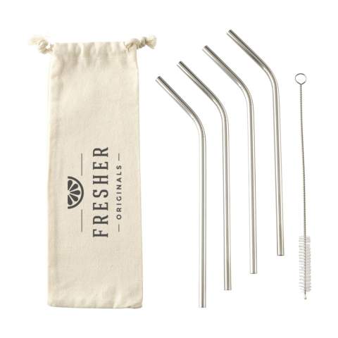 Quatre pailles réutilisables en acier inoxydable. Une bonne alternative aux pailles en plastique. Brosse de nettoyage en nylon et en acier inoxydable comprise. Parfaite pour les boissons froides telles que les smoothies ou les cocktails. Donne également une touche tendance à un verre. L’ensemble est livré dans une pochette en toile.