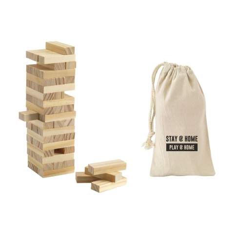 Wooden stacking game (54 blocks). Tower dimensions 17.8 x 5 x 5 cm. Per set in a cotton bag. Incl. instructions.