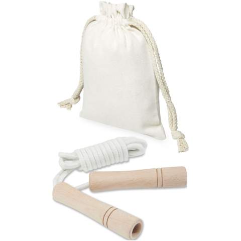 Combine fun and exercise with this skipping rope for adults. The rope is made of cotton and the handles are made of beech wood. The length of the rope is 310 cm which allows for easy skipping for adults up to 195 cm in length. The handles (12 x 2.5 cm) are ergonomically shaped providing a comfortable grip. Delivered with a cotton storage pouch (18 x 13 cm). Laser engraving is recommended as a sustainable decoration option.