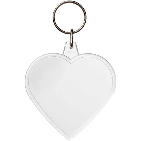 Clear heart-shaped keychain with metal split keyring. The metal looped ring offers a flat profile which is ideal for mailings. Print insert dimensions: 5,8 cm x 5,0 cm.