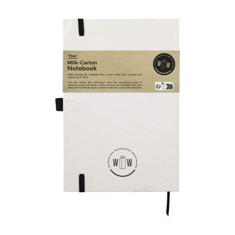 WoW! A5 notebook with a cover made from recycled milk cartons (up to 70%). With 80 sheets of cream-coloured lined paper (80 g/m²), elastic closure and a reading ribbon.      The milk cartons consist of aluminum, paper and plastic. These materials are separated from each other and the leftover paper is used to make the cover of this notebook. Due to the use of recycled materials, small imperfections in the material may be visible. This gives the product a unique look.