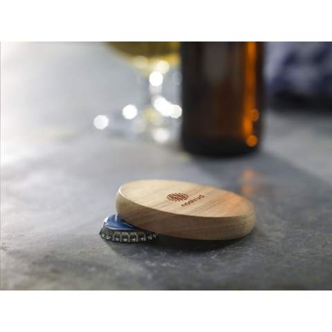 Circular beech wood bottle opener.