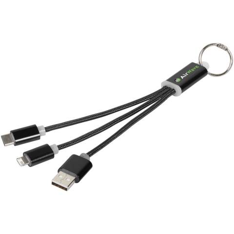 3-in-1 Metall-Ladekabel mit Schlüsselanhänger. Das 3-in-1 Metall-Ladekabel mit Schlüsselanhänger verfügt über einen Typ-C, einen USB-Typ-A und eine 2-in-1-kompatible Dual-Spitze für Apple iOS- und Android-Geräte. Kommt mit einem Schlüsselanhänger. Um Apple-Geräte aufzuladen, stecken Sie das Kabel mit der Seite die keine Kontakte hat, in das Gerät, und um Android-Geräte zu laden, stecken Sie das Kabel mit der Seite die Kontakte hat, in das Gerät.