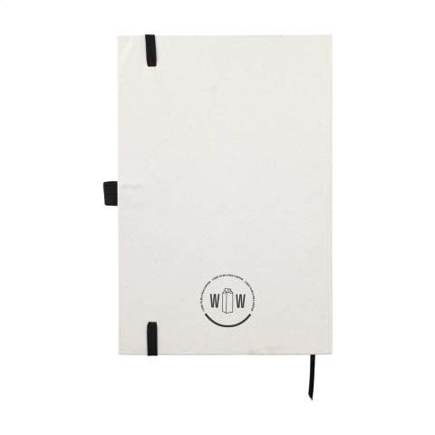 WoW! A5 notebook with a cover made from recycled milk cartons (up to 70%). With 80 sheets of cream-coloured lined paper (80 g/m²), elastic closure and a reading ribbon.      The milk cartons consist of aluminum, paper and plastic. These materials are separated from each other and the leftover paper is used to make the cover of this notebook. Due to the use of recycled materials, small imperfections in the material may be visible. This gives the product a unique look.