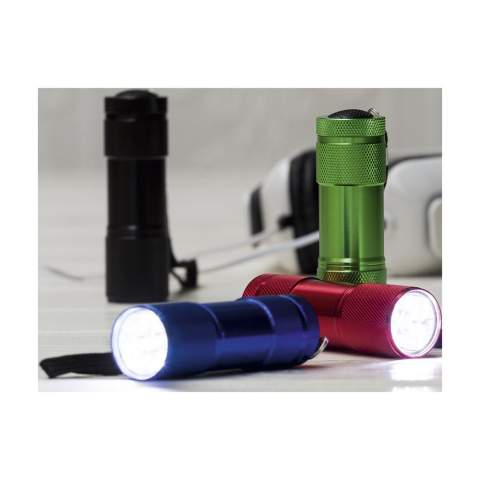 Aluminium torch with 9 energy efficient LED lights, which give a bright white beam. With detachable strap. Meas. Ø 2.7 x 9 cm. Batteries incl. Each piece in a box.