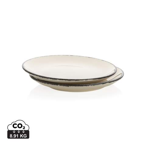 Set a beautiful and welcoming table with these gorgeous ceramic plates! The Ukiyo dinner plates are ideal to beautifully present your dishes. The plate has a beautiful neutral colour with black detailed edges and will suit most homes. Combine the dinner plate with other plates and bowls from Ukiyo to create a unique and personal table setting. The product is microwave and dishwasher safe and comes in a 2pc giftbox. Dimensions: dia.: 27 cm.