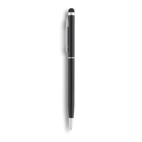 Schwarzschreibender Kugelschreiber aus Aluminium mit Stylus und einfacher Handhabung durch den Drehmachanismus.