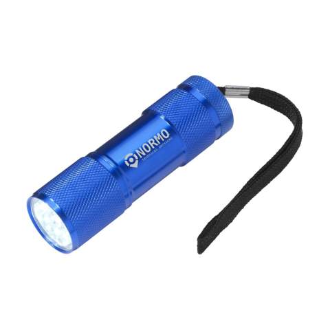 Aluminium torch with 9 energy efficient LED lights, which give a bright white beam. With detachable strap. Meas. Ø 2.7 x 9 cm. Batteries incl. Each piece in a box.