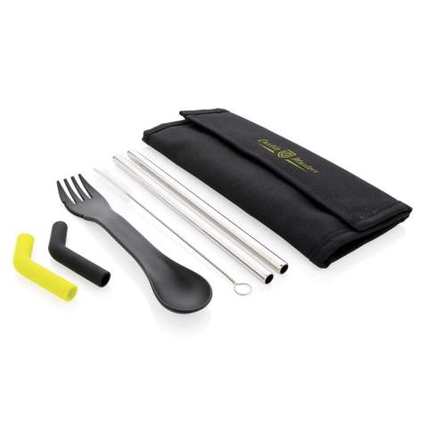 The Tierra 2 pc straw and cutlery set is the ideal set to take with you on the go when you want to reduce the use of single-use plastic. The set contains 2 stainless steel straws, a cleaning brush, a spork and 2 bent silicone straw pieces to attach to the straight ss straw for optimal comfort while sipping your drink. The 2 different colours make it easy for you to tell them apart. Packed in a convenient pouch with Velcro closure. Dishwasher safe. Exterior 100% 600D polyester, interior 100% 210D polyester. PVC free.