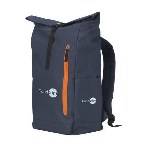 Tough, practical urban 'roll-top' backpack made from strong 600D polyester with water-resistant PVC interior, partially nylon lined. The backpack has one large inner compartment, a pocket on both sides and a large zip pocket on the front. With foam back for increased comfort, padded, adjustable shoulder straps and hand loop. With carrying strap and a roll closure with a handy click system at the top. The perfect bag for daily use. Capacity approx. 18 liters.