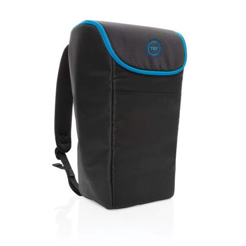 This cooler backpack can go wherever a cool drink or meal is needed — whether that is three kms/miles down a trail or just at the office. The backpack features a wide-mouth opening for easy access to your food and drinks. An external front pocket and zippered top pocket ensures you can put all your necessities away. Fits up to 6 bottles or 24 cans. Adjustable straps and exterior made in a tarpaulin and ribstop combination. Blue details add a finishing touch. Interior 100% PEVA.