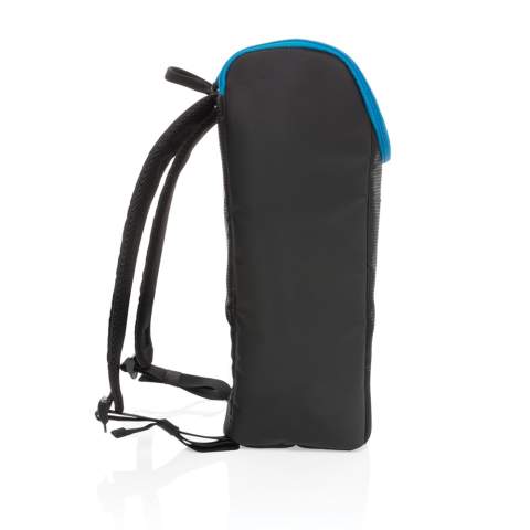 This cooler backpack can go wherever a cool drink or meal is needed — whether that is three kms/miles down a trail or just at the office. The backpack features a wide-mouth opening for easy access to your food and drinks. An external front pocket and zippered top pocket ensures you can put all your necessities away. Fits up to 6 bottles or 24 cans. Adjustable straps and exterior made in a tarpaulin and ribstop combination. Blue details add a finishing touch. Interior 100% PEVA.