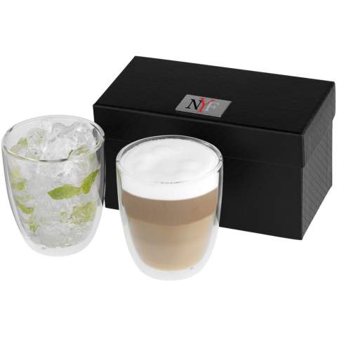 Double walled isolating 290 ml glass set. Ideal for serving your favorite latte macchiato, ice tea or any hot or cold drinks. Presented in a luxury gift box. Logo plate included.