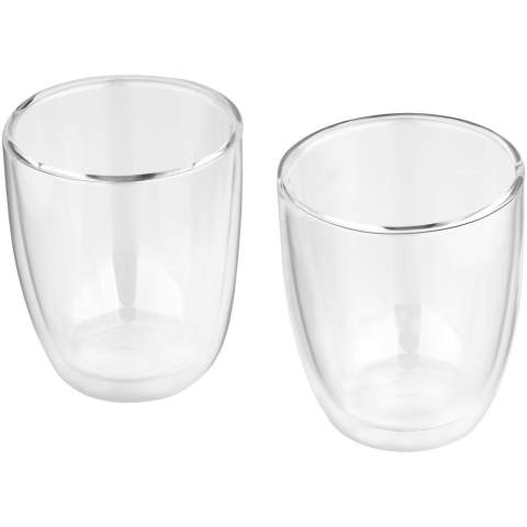 Double walled isolating 290 ml glass set. Ideal for serving your favorite latte macchiato, ice tea or any hot or cold drinks. Presented in a luxury gift box. Logo plate included.