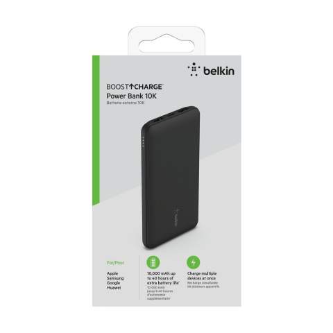 Powerbank 10,000mAh from the Belkin brand. With a casing made from recycled plastic. Rapidly charge a smartphone and other devices with up to 15W power via two USB-A ports and one USB-C port. This powerbank offers up to 40 hours of extra battery life. Enough for watching movies, making FaceTime calls and using navigation apps. With LED indicator light. The powerbank meets airline safety standards, so you can carry it in your hand luggage. Includes USB-A/USB-C cable and user manual. 100% plastic-free packaging. Made from plastic that has been recycled after use. Each item is individually boxed.