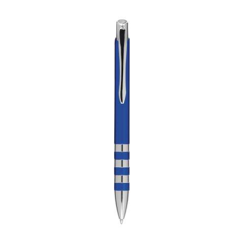 Blue ink ballpoint pen with metallic look barrel, metal clip, push button and shiny barrel rings.