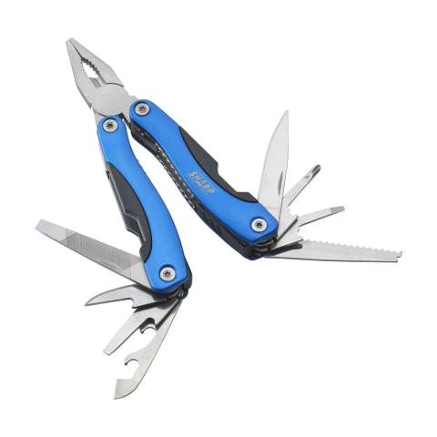 Compact stainless steel multi tool with aluminium hand grip and metallic look. 9-pieces with 13 functions: tongs, wire cutter, 3 screwdrivers, reamer, file, can opener, cap lifter, fish scraper, hook removal tool, knife and phillips  screwdriver. With lock. In a nylon case. Please note local rules may apply regarding the possession and/or carrying of knives or multitools in public. Each item is supplied in an individual brown cardboard box.