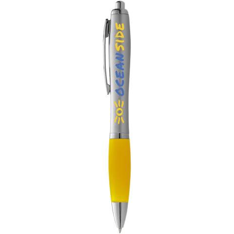 Ballpoint pen with click action mechanism and soft touch grip.