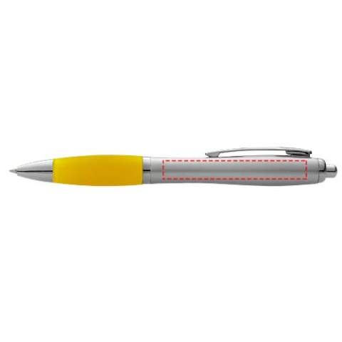 Ballpoint pen with click action mechanism and soft touch grip.