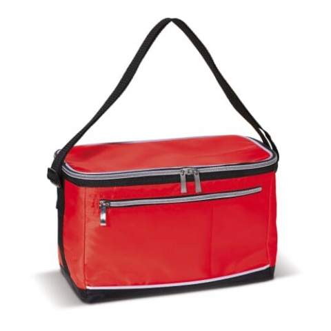 Polyester cool bag with adjustable handle (1200x30mm). One big cooler compartment and a small pocket on the front. Both with zipper closure.