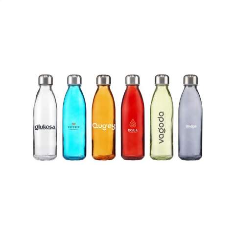 Luxueuse bouteille d'eau en verre sodocalcique solide et transparent, avec bouchon à vis pratique en acier inoxydable. Respectueuse de l'environnement, sans BPA, anti-fuite, durable et réutilisable. Capacité 650 ml. Par pièce dans une boîte.