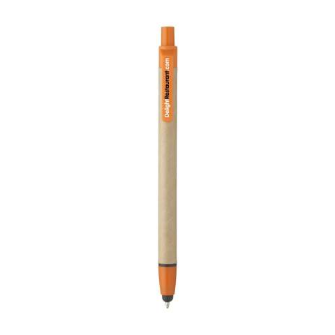 Blue ink ballpoint pen with barrel, made of recycled cardboard, rubber pointer to operate touch screens and plastic accents.