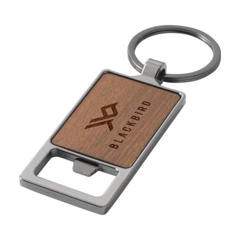 Keychain with bottle opener. With a hardwood handle and a zinc alloy opener. Attached to a sturdy, metal key ring. Each item is supplied in an individual brown cardboard envelope.