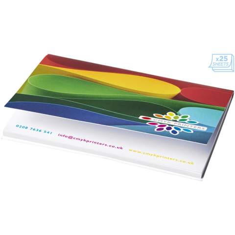 Sticky-Mate® sticky notes with a convenient soft cover made of paper. Includes blank paper sheets of 80g/m2. The soft cover does not only prevent damages to the content, but also offers additional advertising space. Sheet dimension: 100x75mm. Three sizes available: 25 sheets (21099001), 50 sheets (21099002), 100 sheets (21099004).  