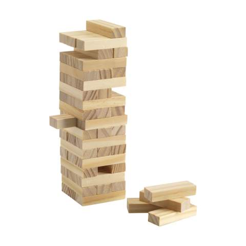 Wooden stacking game (54 blocks). Tower dimensions 17.8 x 5 x 5 cm. Per set in a cotton bag. Incl. instructions.