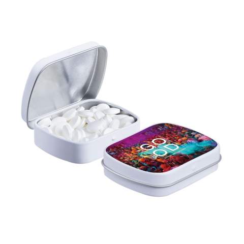 Mini hinged tin white filled with approx. 23 gram sugar free mints, including ingredients sticker and seal