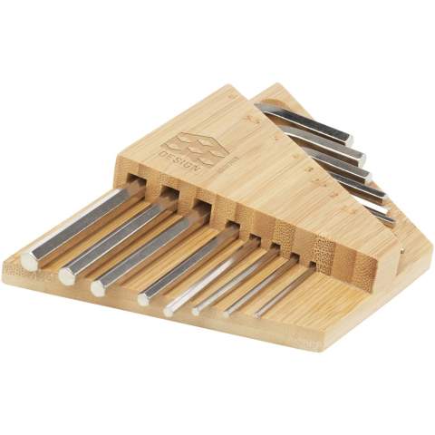 The Allen bamboo hex key tool set is the essential tool kit whether you're tackling DIY projects or assembling furniture. The set includes 8 hexagon wrenches crafted from durable carbon steel, ensuring both strength and corrosion resistance. With sizes ranging from 1.5 mm to 6 mm, you'll have the right tool on hand for various tasks. The certified bamboo holder not only keeps your hex keys organised, but also serves as a stylish, practical, and more sustainable addition to your workspace. Since bamboo is a natural product, there may be slight variations in colour and size per item, which may affect the final printing outcome. Packed in a STAC gift box from sustainable sources.