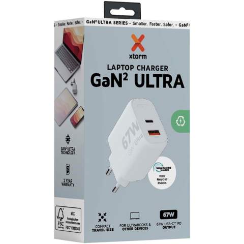 The 67W GaN² Ultra wall charger is designed to be more compact and powerful than ever before. With its compact design and dual-port functionality, this wall charger is perfect for your travels, office, or home. To reduce waste and contribute to a more sustainable future, the charger is made from 97% recycled plastic. Output: 1 USB-C 67W power delivery, and 1 USB-A 18W quick charge 3.0. Delivered with a user manual.