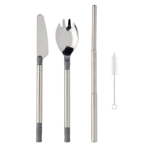 Choose to re-use with this pocket size cutlery set! Replace single-use plastic for good and take this cutlery set with you wherever you go. The set contains a stainless knife, spork, collapsible straw and a small brush to clean it. Stow it away in the handy case that comes with it and keep it in your bag.