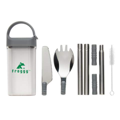 Choose to re-use with this pocket size cutlery set! Replace single-use plastic for good and take this cutlery set with you wherever you go. The set contains a stainless knife, spork, collapsible straw and a small brush to clean it. Stow it away in the handy case that comes with it and keep it in your bag.