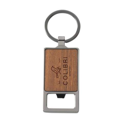 Keychain with bottle opener. With a hardwood handle and a zinc alloy opener. Attached to a sturdy, metal key ring. Each item is supplied in an individual brown cardboard envelope.