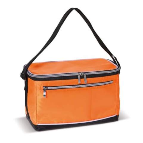 Polyester cool bag with adjustable handle (1200x30mm). One big cooler compartment and a small pocket on the front. Both with zipper closure.