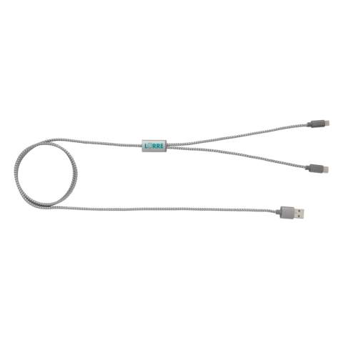 Luxe gevlochten 3-in-1 kabel met type C en dubbelzijdige connector voor iOS- en Android-apparaten die micro-USB nodig hebben. Gevlochten nylon materiaal met connectors gemaakt van duurzaam aluminium. Geschikt voor opladen. Lengte 120 cm.