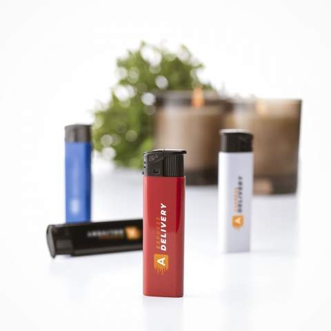 Electronic, refillable lighter of the brand Flameclub® with adjustable flame. Equipped with child lock. NEN-certified: EN13869. TÜV-certified and ISO-certified: ISO9994.