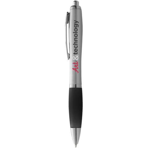 Ballpoint pen with click action mechanism and soft touch grip.