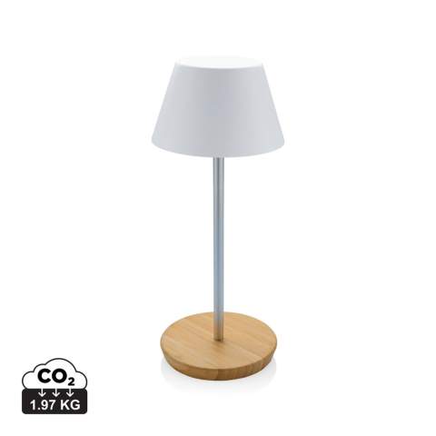 Luxury table lamp made with RCS certified recycled ABS plastic, recycled aluminum and FSC certified 100% bamboo . Total recycled content: 40% based on total item weight. RCS certification ensures a completely certified supply chain of the recycled materials. The table lamp will operate up 18 hours on one single charge and can be re-charged in 2 hours. With a-grade 1800 mAh battery and type C input ( 5V/1A) With two modes (warm light and white light) that can be adjusted by touch sensor in the base. Rechargeable via USB-C. Packed in FSC® mix packaging. IPX 4 waterproof.<br /><br />Lightsource: LED<br />LightsourceQty: 24<br />PVC free: true