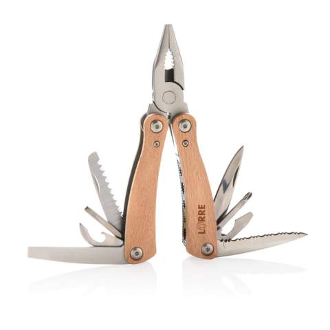 Multitool mit Buchengriff. 13 Funktionen aus Edelstahl wie eine Feile, Zange, Messer, Schraubendreher, Säge, Dosenöffner und vielem mehr. In Geschenkbox verpackt.