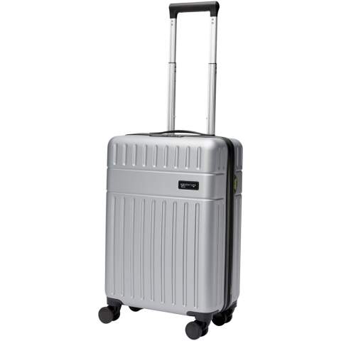 Constructed with impact-resistant recycled plastic and RPET lining, the 20” Rover cabin trolley stands for quality. It features a double-tube aluminium frame, 360 degree 4-wheel spinner, an integrated TSA combination lock, an easy grab handle for comfort, and interior divider organiser compartments. Can be brought as hand luggage on most mainstream airlines. This trolley is GRS certified, including the printing, making it a more responsible choice.